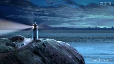 循环动画与灯塔在<strong>夜晚</strong>当云漂浮在海上发光